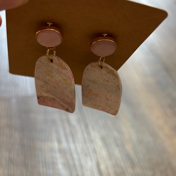 Handmade Polymer Clay Pink Marble Arch Drop Earrings with Gold Accents - Picture 3 of 5